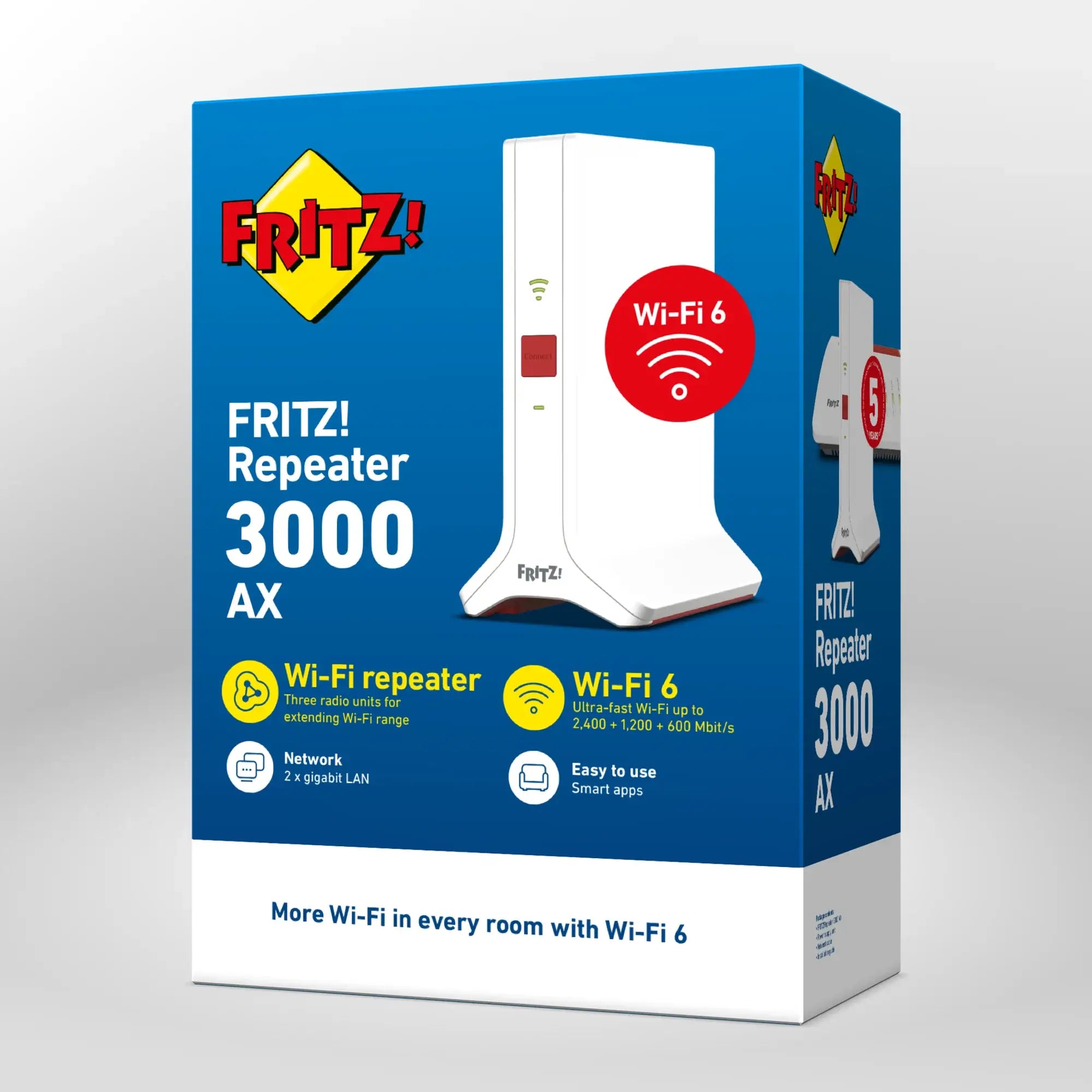 Verpackung von FRITZ!Repeater 3000 AX auf grauem Hintergrund