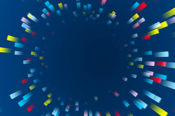 Futuristisches Design mit bunten Streifen auf dunklem Hintergrund, symbolisiert Bewegung und technische Innovation.